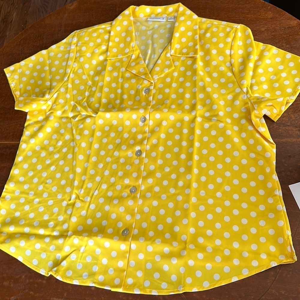 Susan Graver Yellow and White Polka Dots Top Size 1X